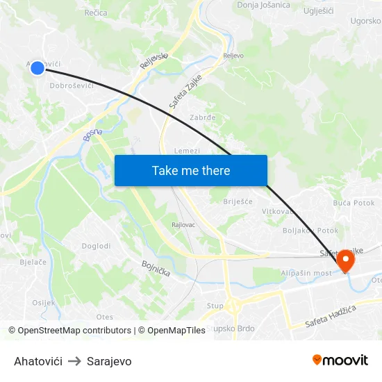 Ahatovići to Sarajevo map