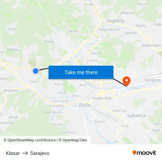 Klesar to Sarajevo map