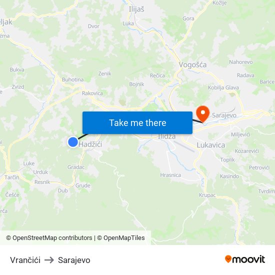 Vrančići to Sarajevo map