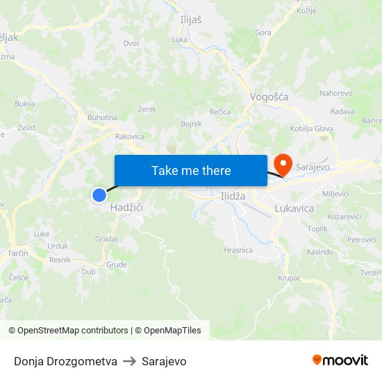 Donja Drozgometva to Sarajevo map