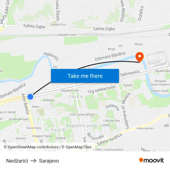 Nedžarići to Sarajevo map