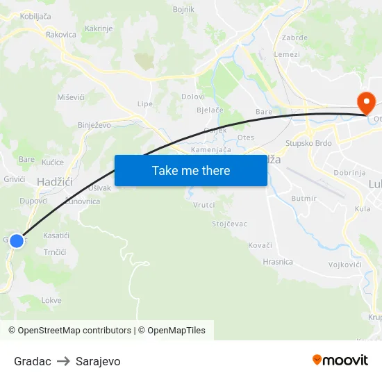 Gradac to Sarajevo map