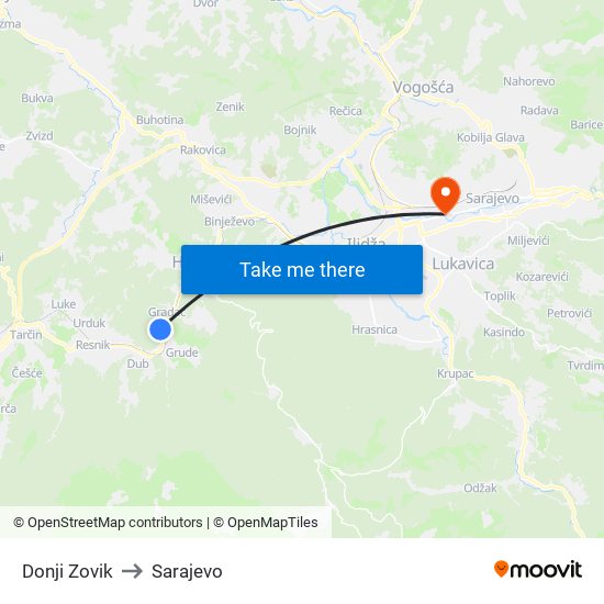 Donji Zovik to Sarajevo map