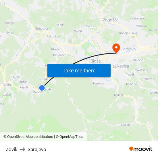 Zovik to Sarajevo map