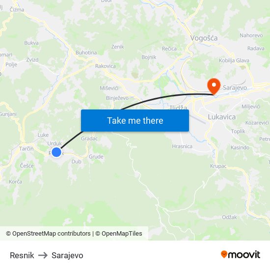 Resnik to Sarajevo map