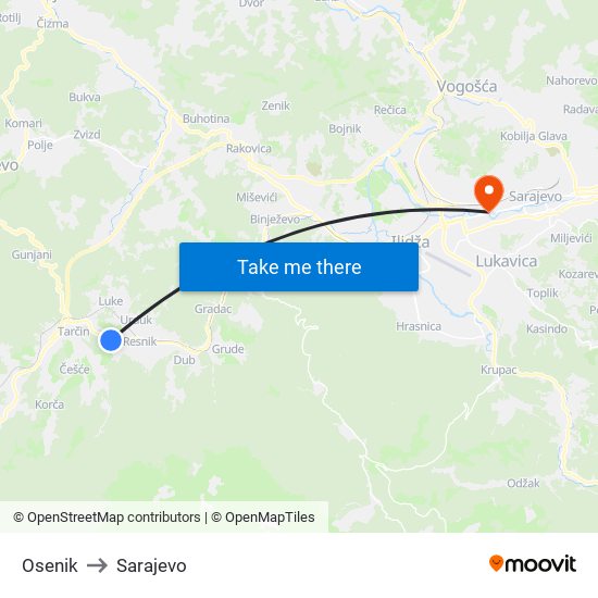 Osenik to Sarajevo map