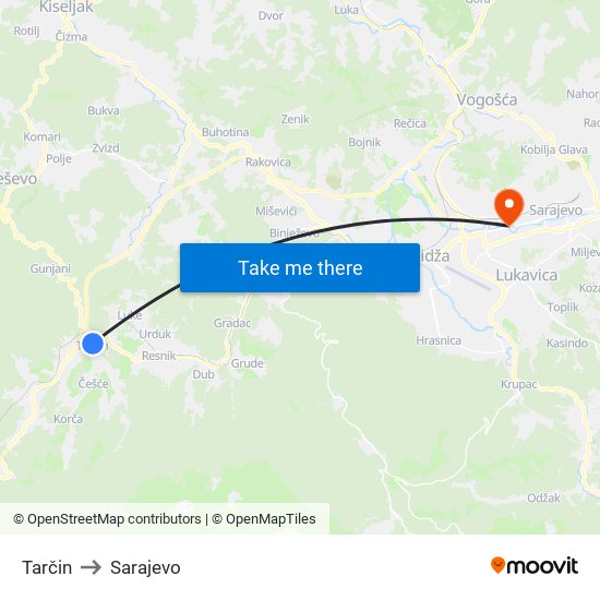 Tarčin to Sarajevo map