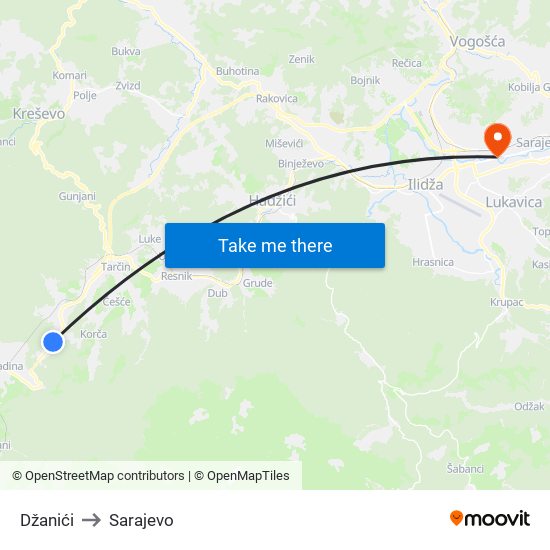 Džanići to Sarajevo map