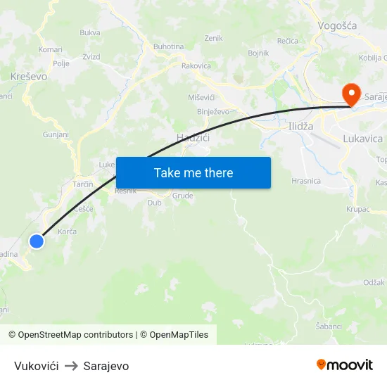 Vukovići to Sarajevo map