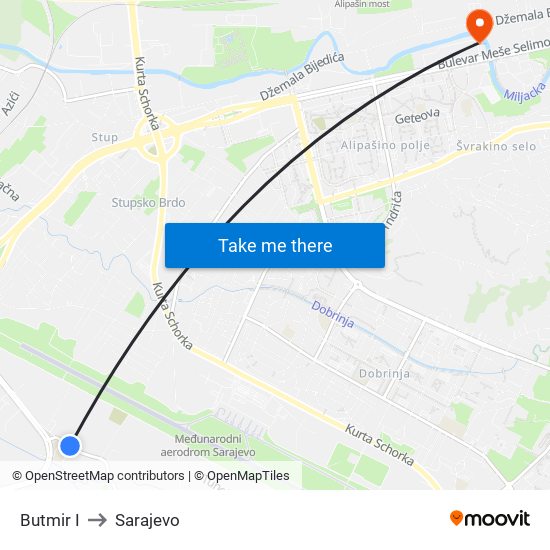 Butmir I to Sarajevo map