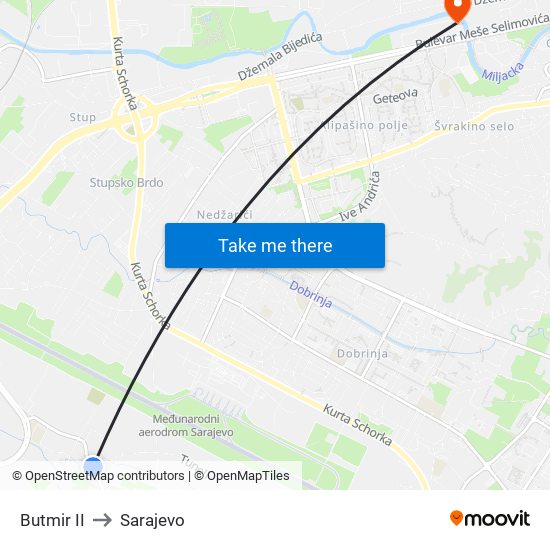Butmir II to Sarajevo map