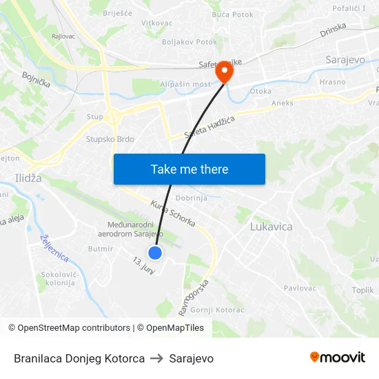 Branilaca Donjeg Kotorca to Sarajevo map