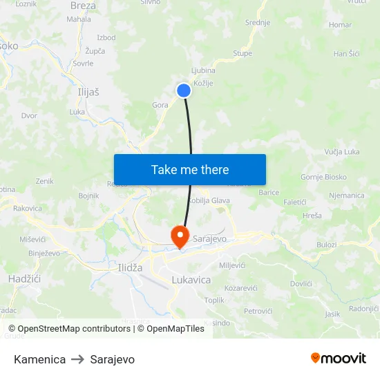 Kamenica to Sarajevo map