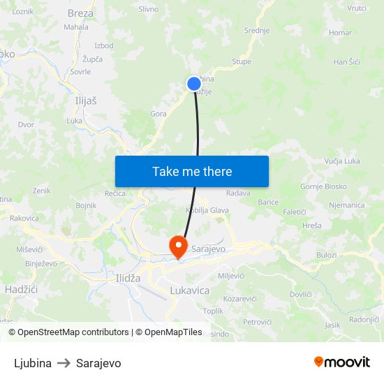 Ljubina to Sarajevo map