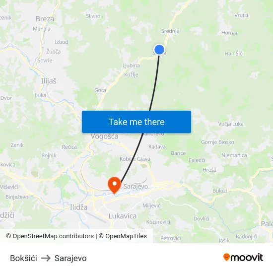 Bokšići to Sarajevo map
