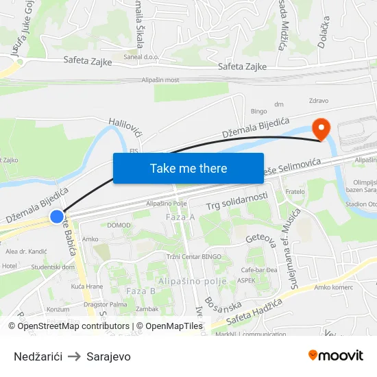 Nedžarići to Sarajevo map