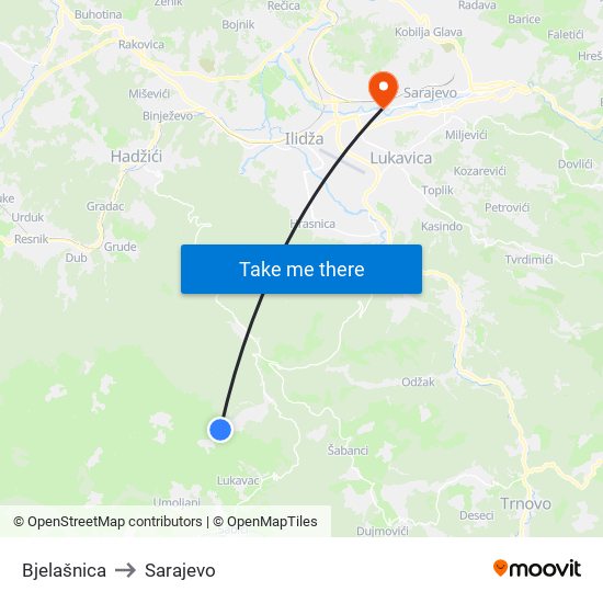 Bjelašnica to Sarajevo map