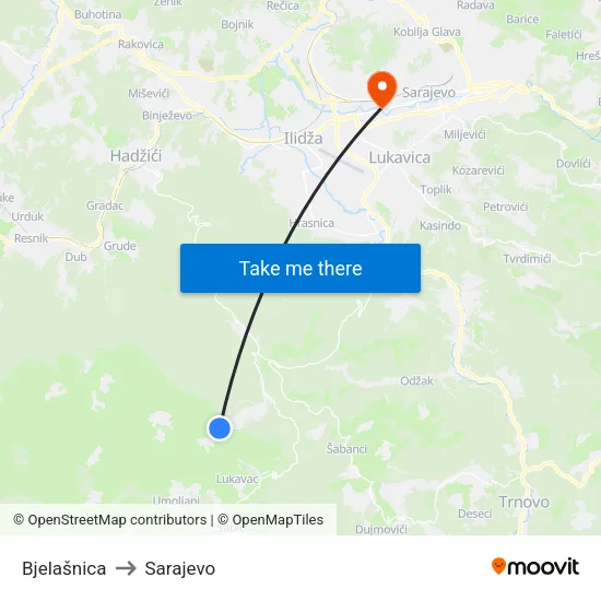 Bjelašnica to Sarajevo map