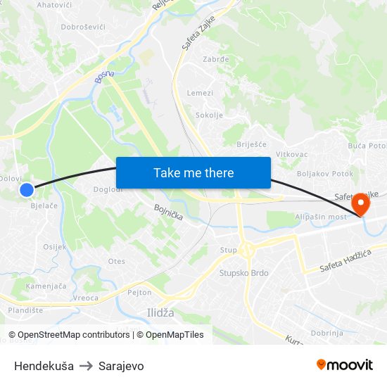 Hendekuša to Sarajevo map