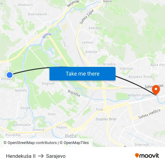 Hendekuša II to Sarajevo map