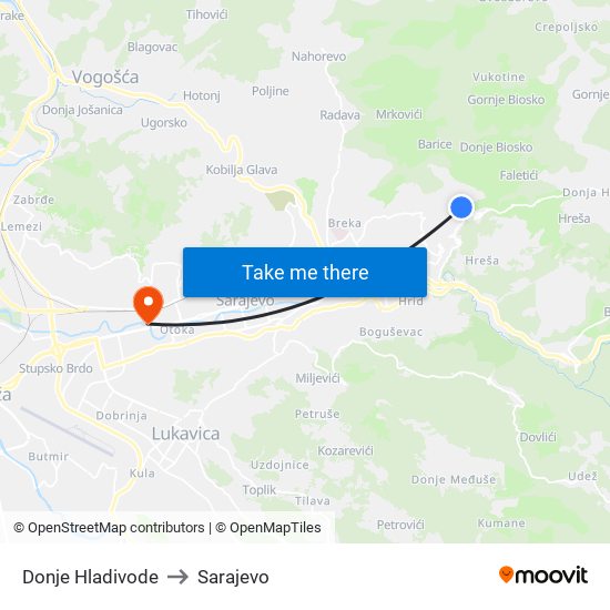 Donje Hladivode to Sarajevo map