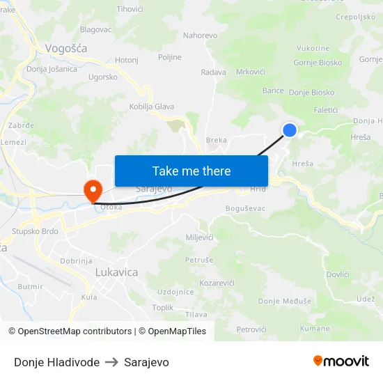 Donje Hladivode to Sarajevo map