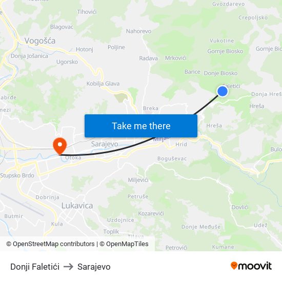 Donji Faletići to Sarajevo map