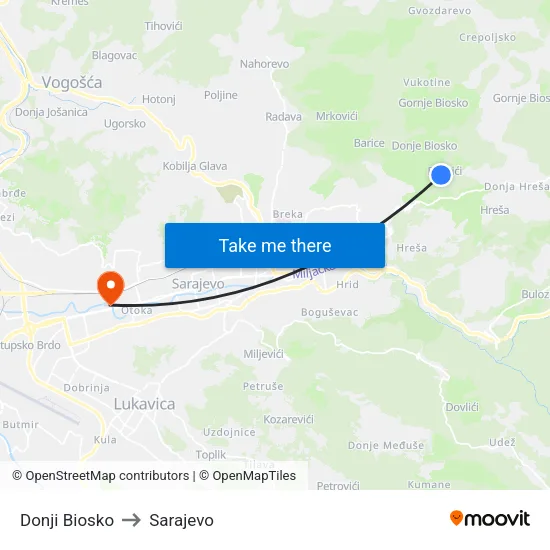 Donji Biosko to Sarajevo map