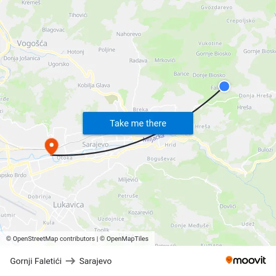 Gornji Faletići to Sarajevo map