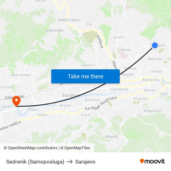 Sedrenik (Samoposluga) to Sarajevo map