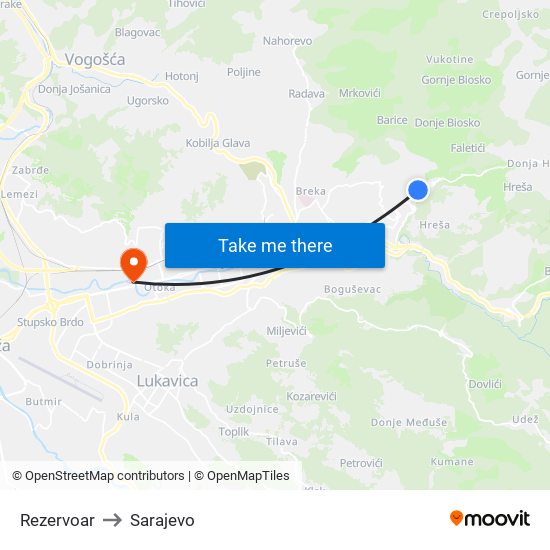 Rezervoar to Sarajevo map