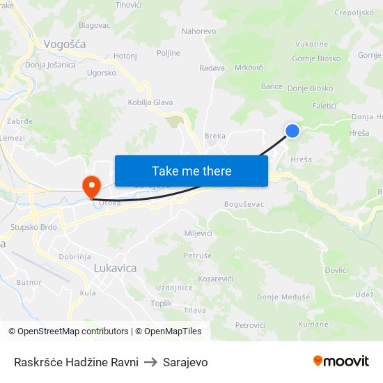 Raskršće Hadžine Ravni to Sarajevo map