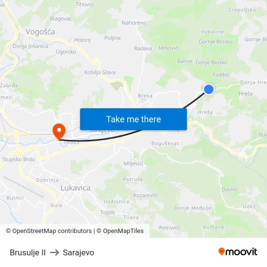 Brusulje II to Sarajevo map