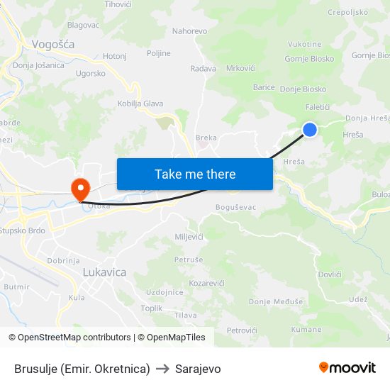 Brusulje (Emir. Okretnica) to Sarajevo map