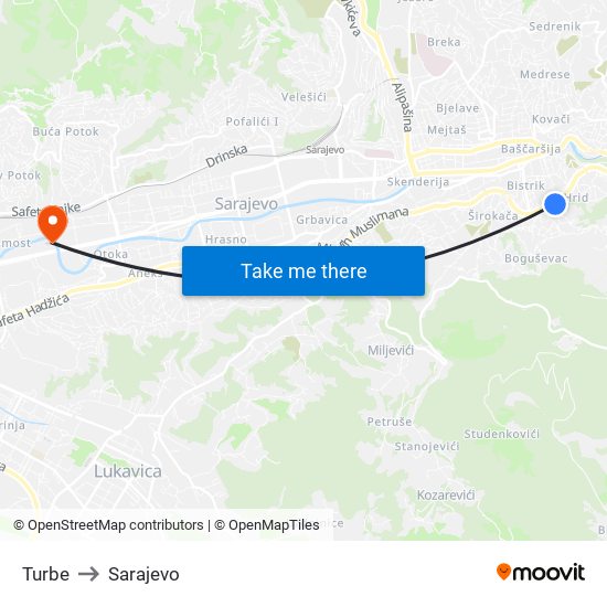 Turbe to Sarajevo map