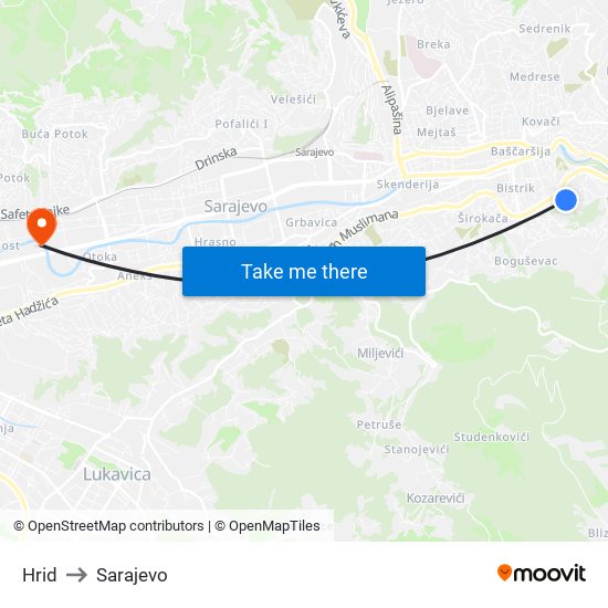 Hrid to Sarajevo map