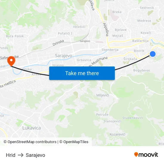 Hrid to Sarajevo map