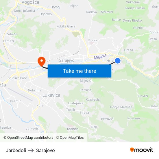 Jarčedoli to Sarajevo map