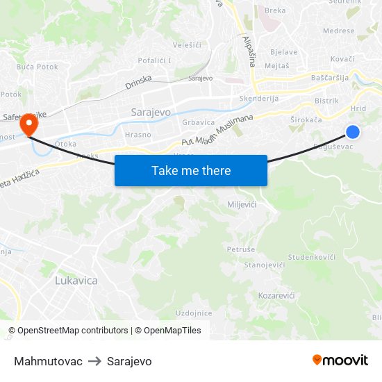 Mahmutovac to Sarajevo map