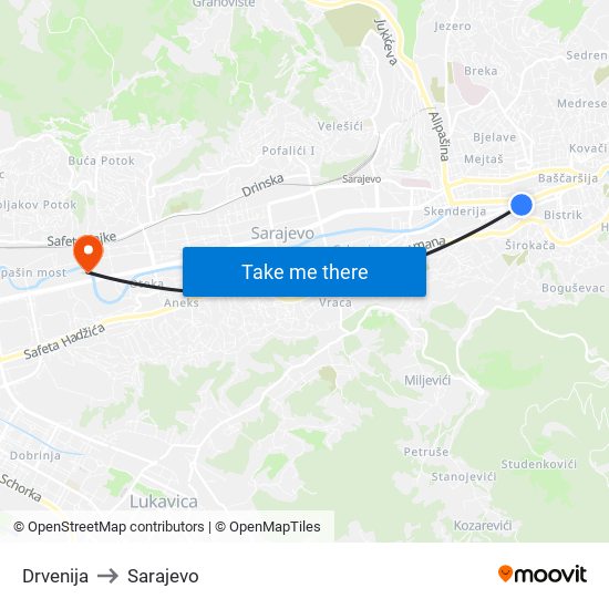 Drvenija to Sarajevo map