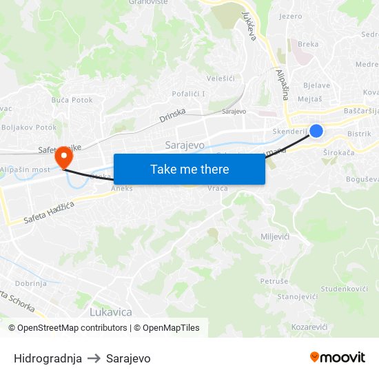 Hidrogradnja to Sarajevo map