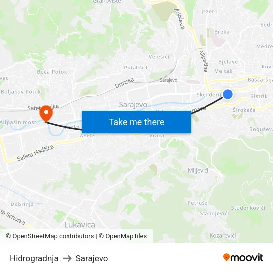 Hidrogradnja to Sarajevo map