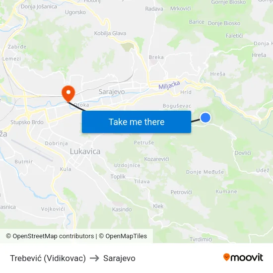 Trebević (Vidikovac) to Sarajevo map