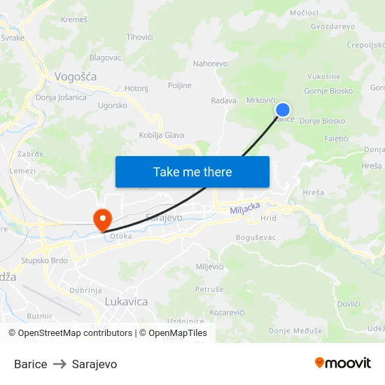 Barice to Sarajevo map