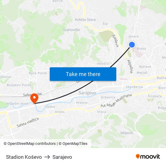 Stadion Koševo to Sarajevo map