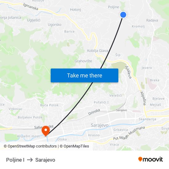 Poljine I to Sarajevo map
