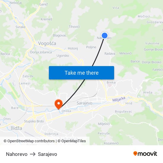 Nahorevo to Sarajevo map