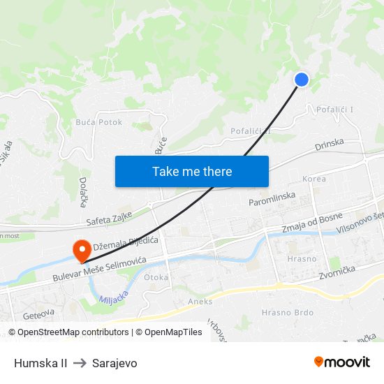 Humska II to Sarajevo map