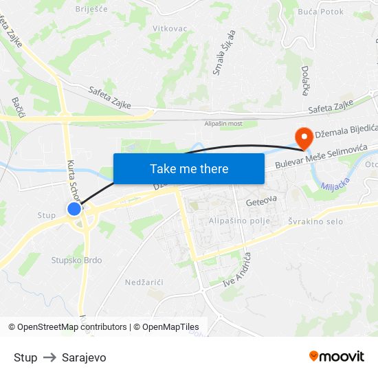 Stup to Sarajevo map