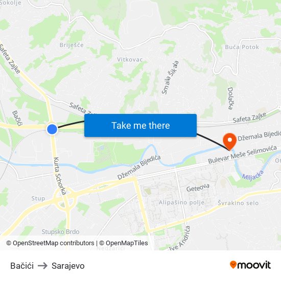 Bačići to Sarajevo map